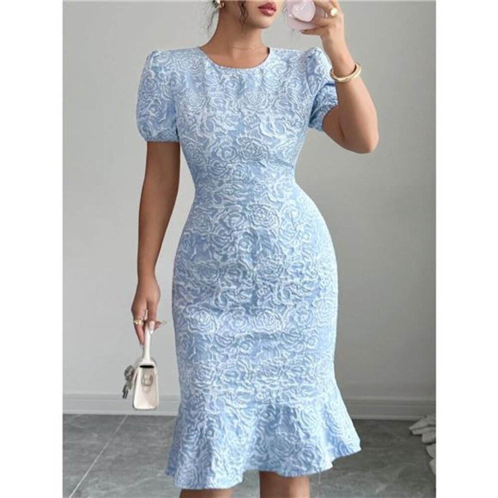 Rose Jacquard Bodycon Dress with Puff Sleeves